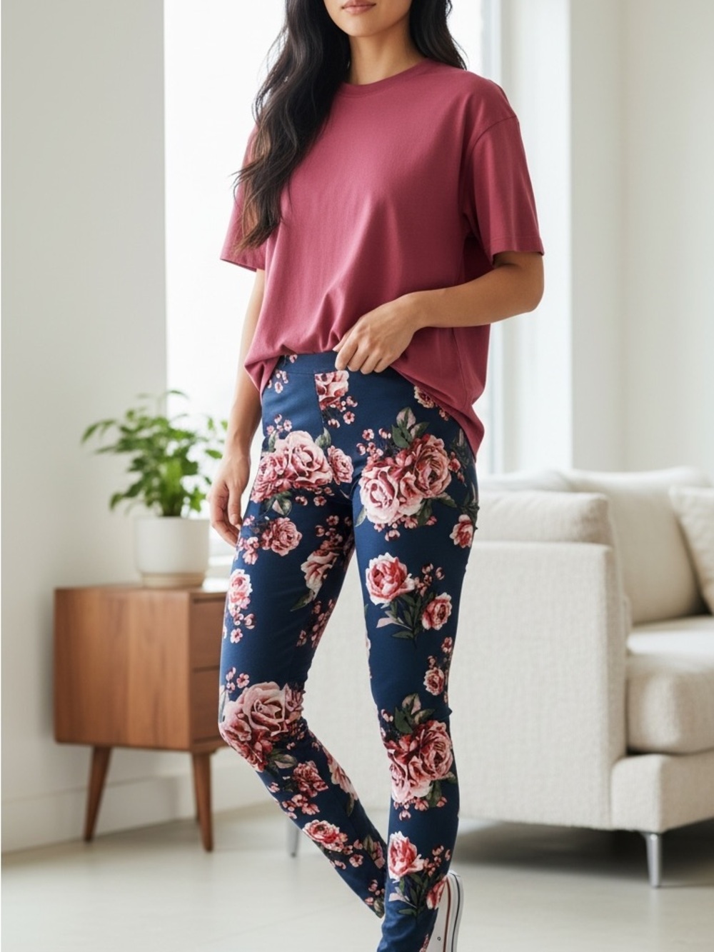 Rue21 Navy Leggings with Pink Rose Floral Print